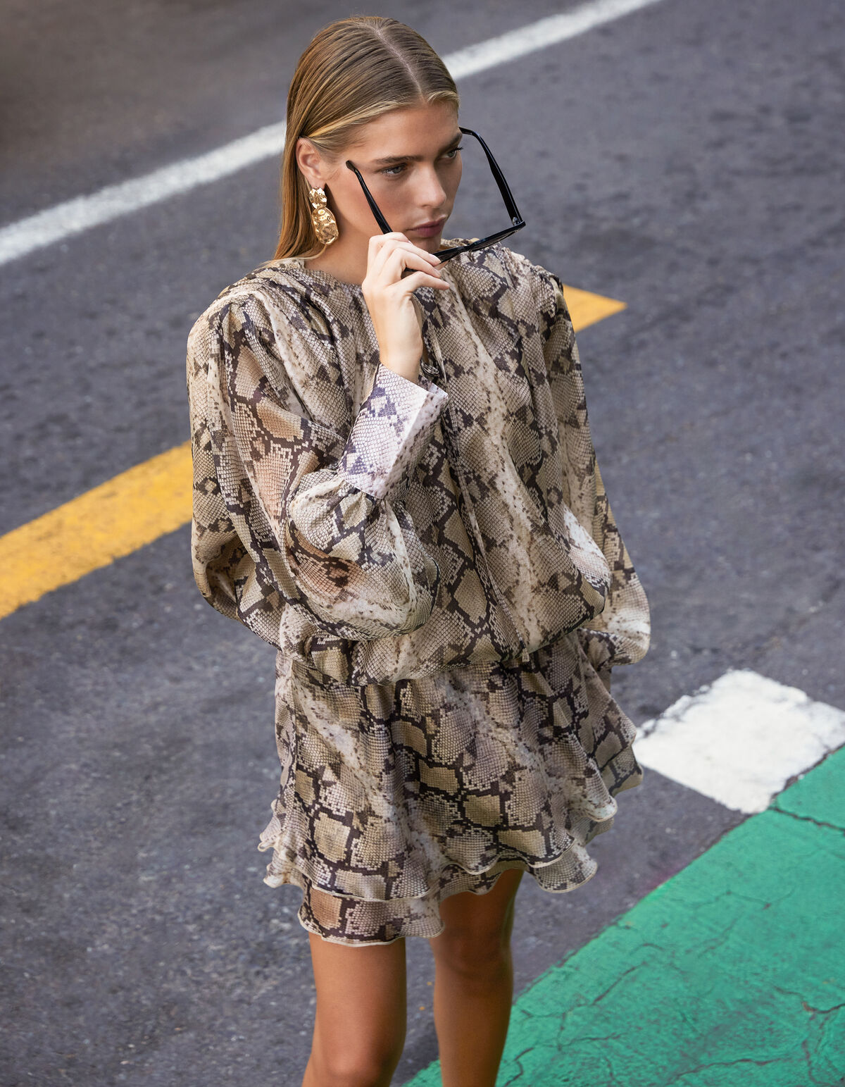 Schlange R&uuml;sche Mini Kleid Hellbraun SHOEBY WOMEN