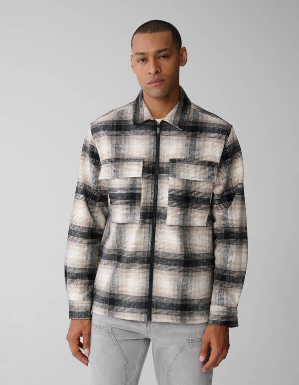 Kariertes Overshirt mit Rei&szlig;verschluss in Off Whit SHOEBY MEN