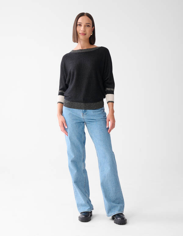 Colorblock Glitter Batwing Pullover Schwarz SHOEBY WOMEN