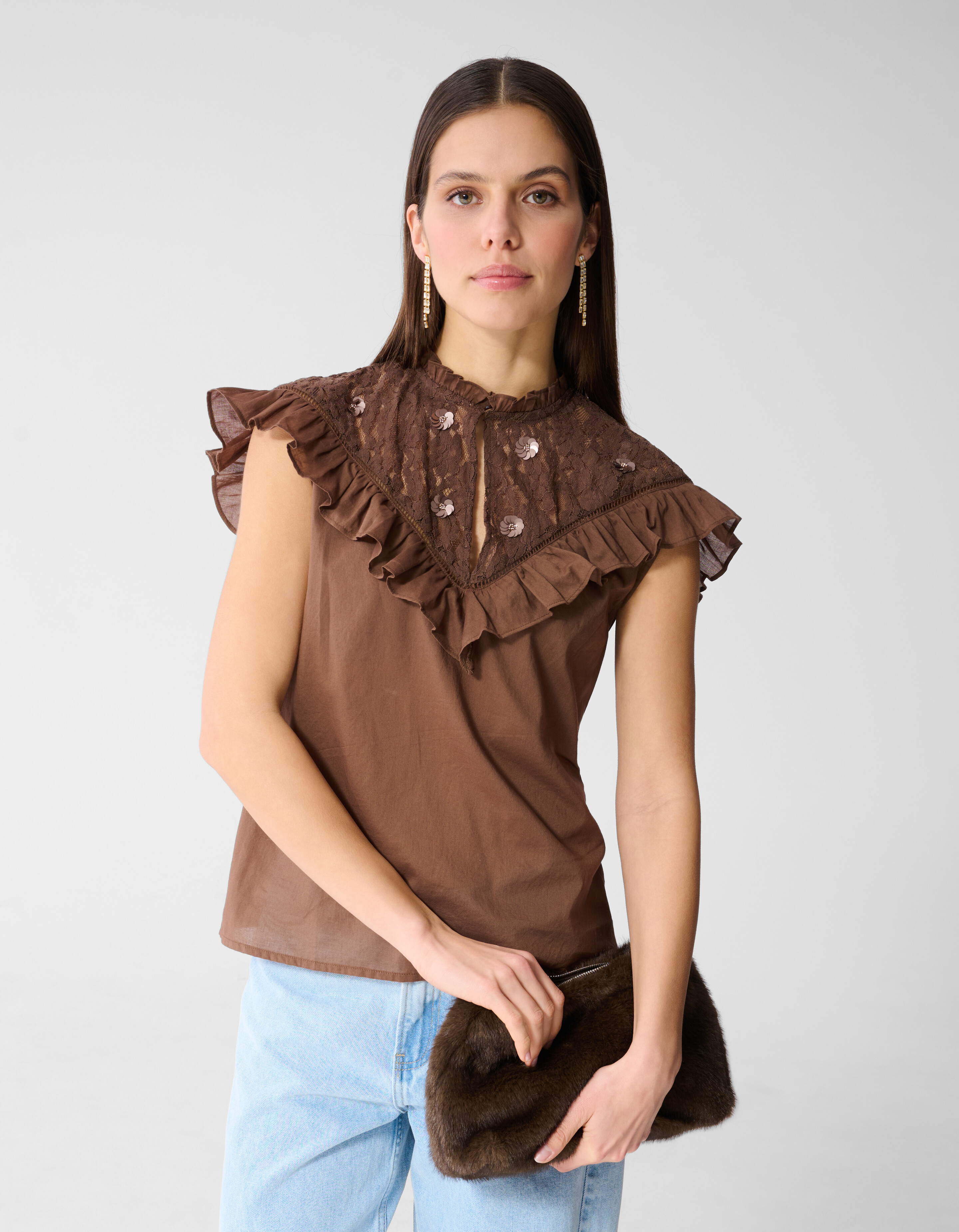 Kanten R&uuml;schen Top Braun SHOEBY WOMEN