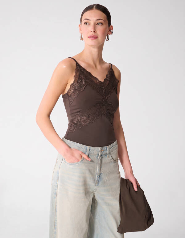 Lace Mix Singlet Donkerbruin SHOEBY WOMEN