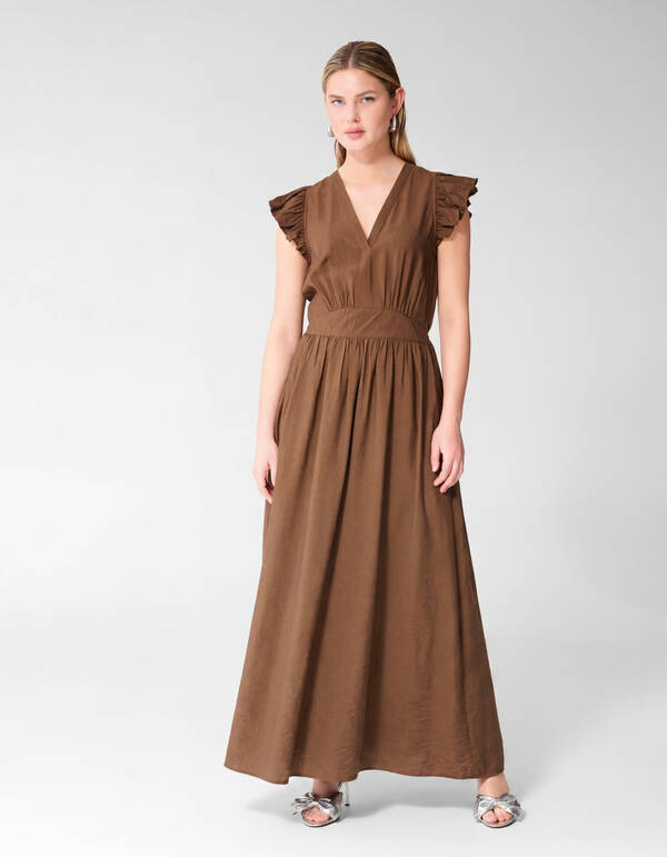 R&uuml;schen V-Ausschnitt Maxi Kleid Dunkelbraun SHOEBY WOMEN