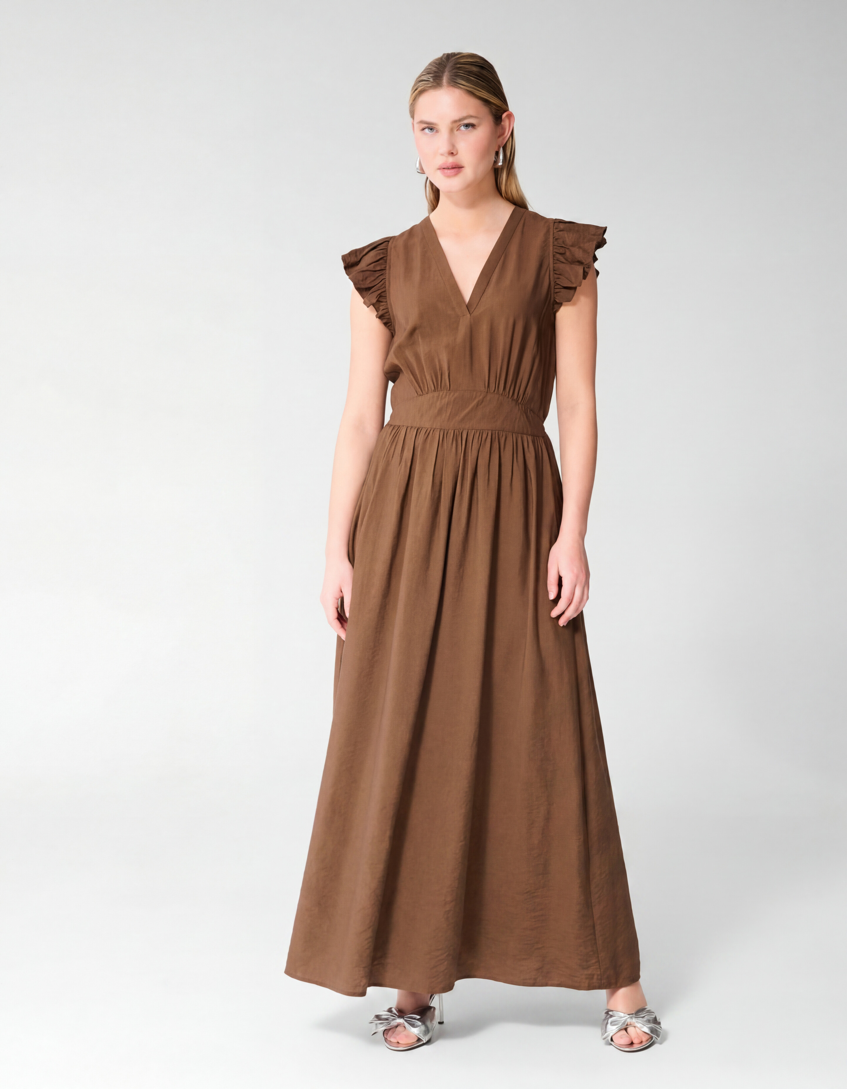 R&uuml;schen V-Ausschnitt Maxi Kleid Dunkelbraun SHOEBY WOMEN