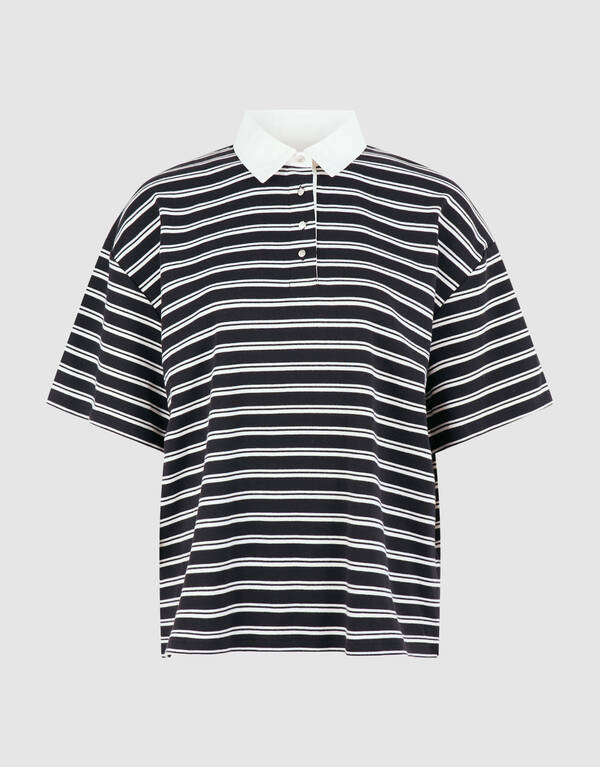 &Uuml;bergro&szlig;es Streifen-Kurzarm-Poloshirt Schwarz SHOEBY WOMEN