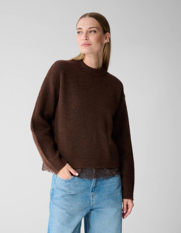 Strickpullover mit Spitzenbesatz dunkelbraun SHOEBY WOMEN