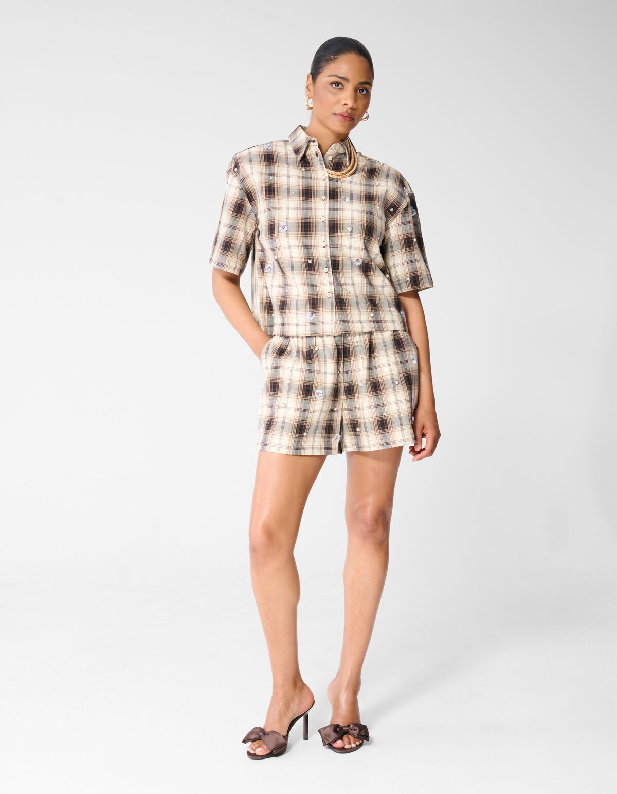 Karierte Shorts mit Perlenverzierung Braun SHOEBY WOMEN