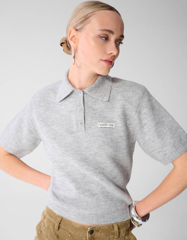 Polohemd mit Strasskragen Hellgrau SHOEBY WOMEN
