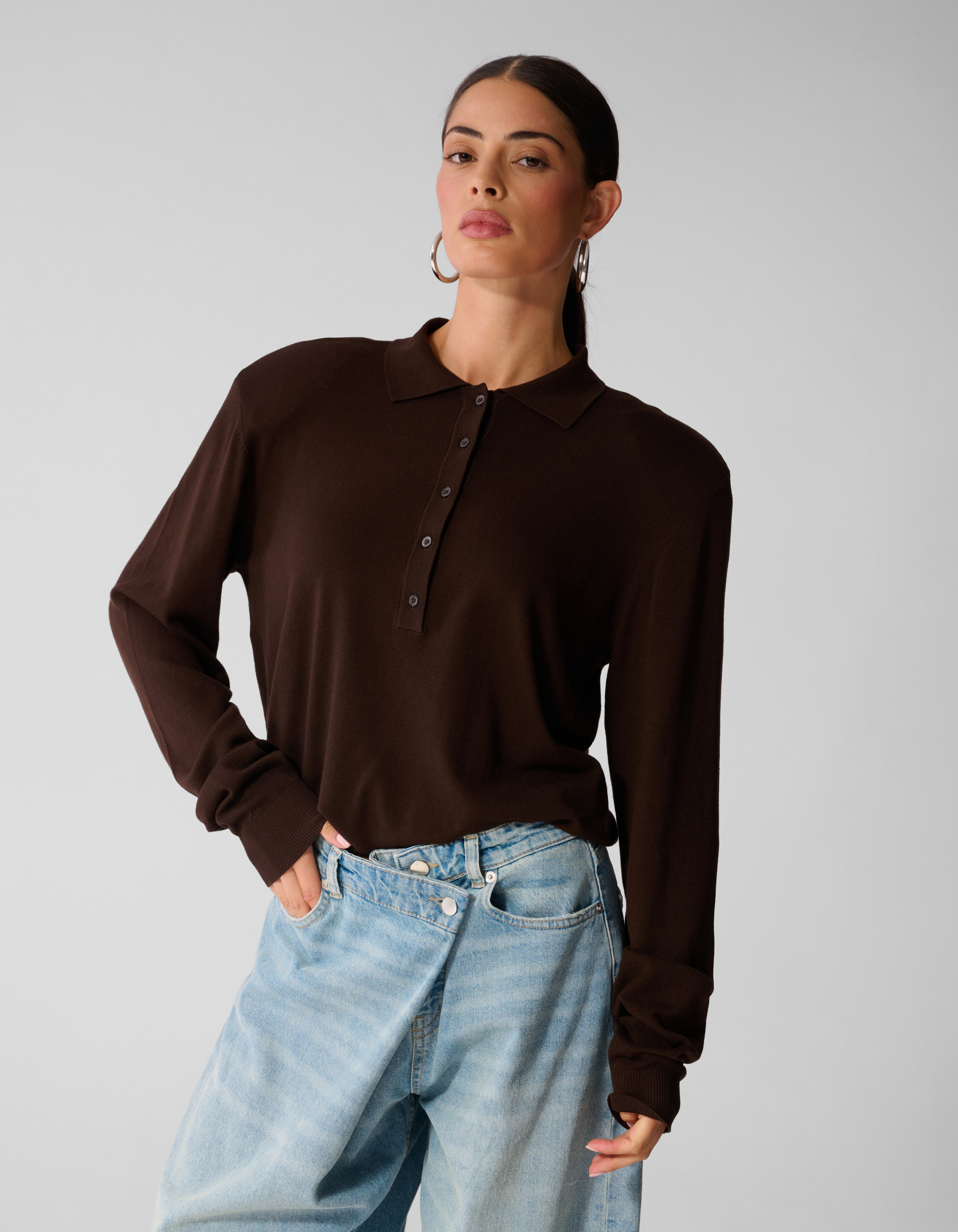 Gestricktes Polo-Shirt mit langen &Auml;rmeln braun SHOEBY WOMEN
