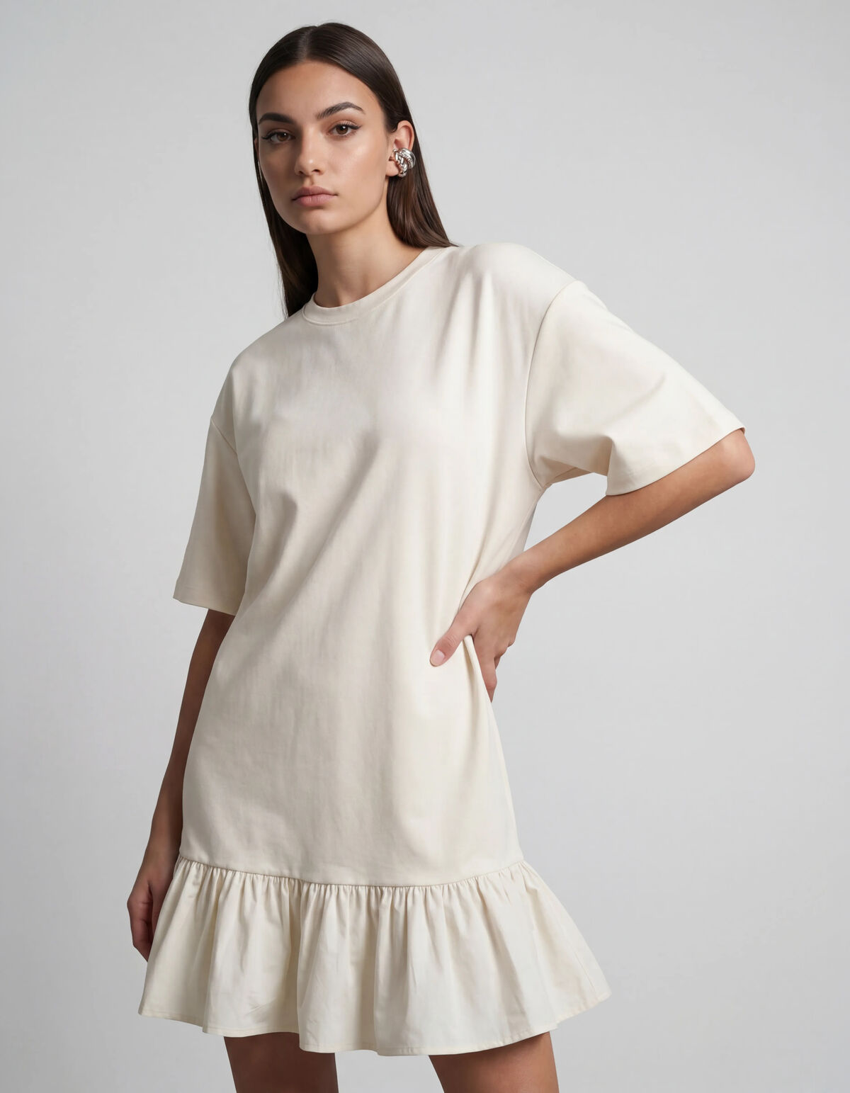 T-Shirt R&uuml;schen Maxi Kleid Gebrochen Wei&szlig; SHOEBY WOMEN