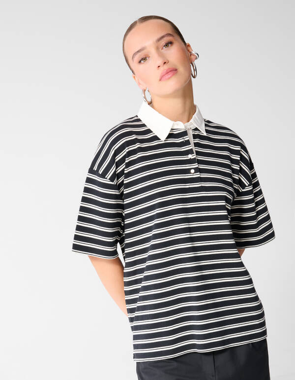 &Uuml;bergro&szlig;es Streifen-Kurzarm-Poloshirt Schwarz SHOEBY WOMEN