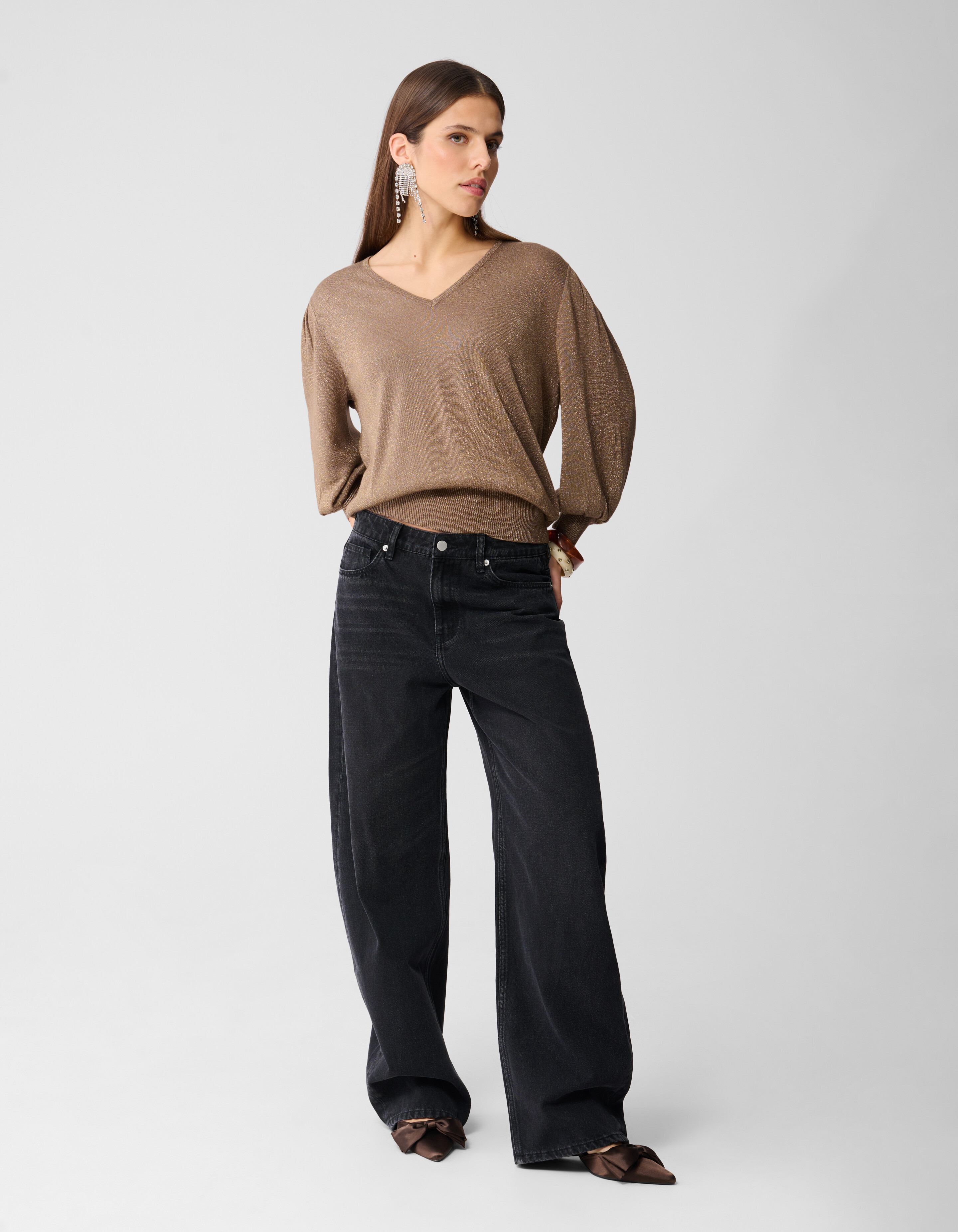 Glitzer-Pullover mit V-Ausschnitt Braun SHOEBY WOMEN