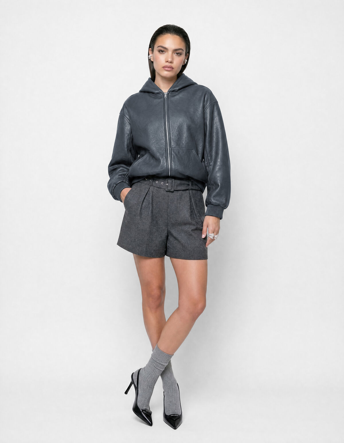 Vegan Leren Hooded Bomber Donkergrijs SHOEBY WOMEN