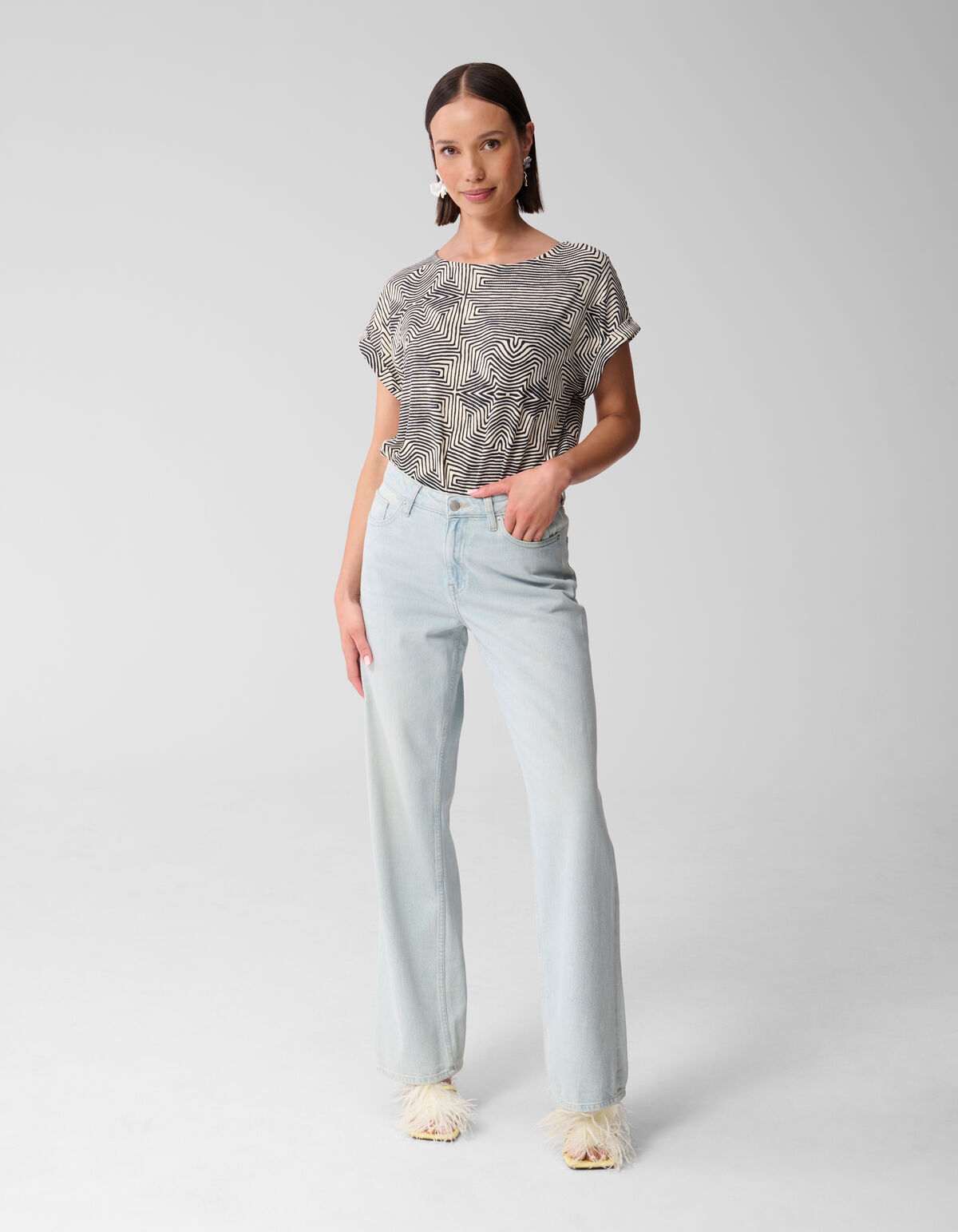Bedrucktes Jersey-Rippen-Top Schwarz/Weiß SHOEBY WOMEN