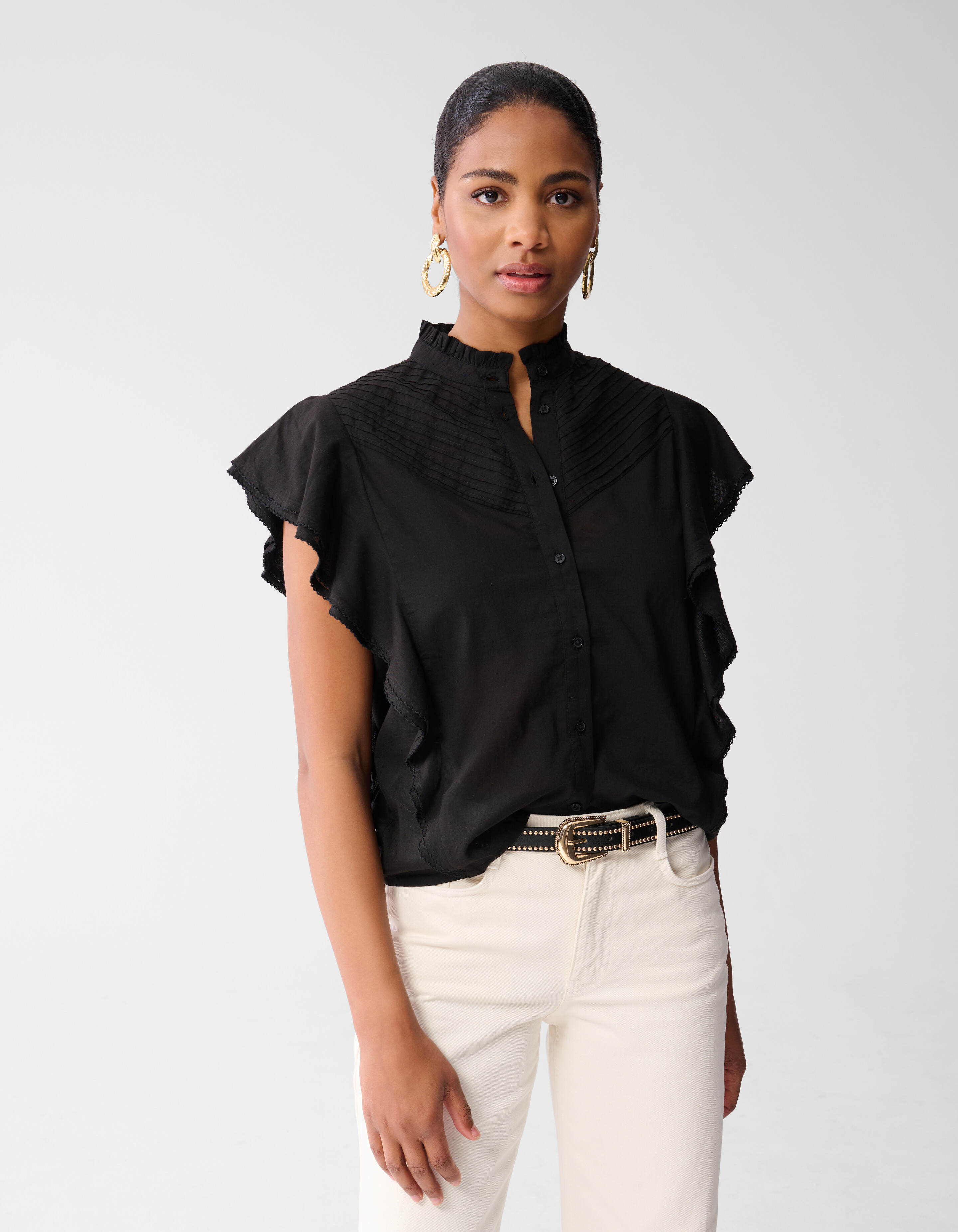 Pintuck-Rüschen-Top Schwarz SHOEBY WOMEN