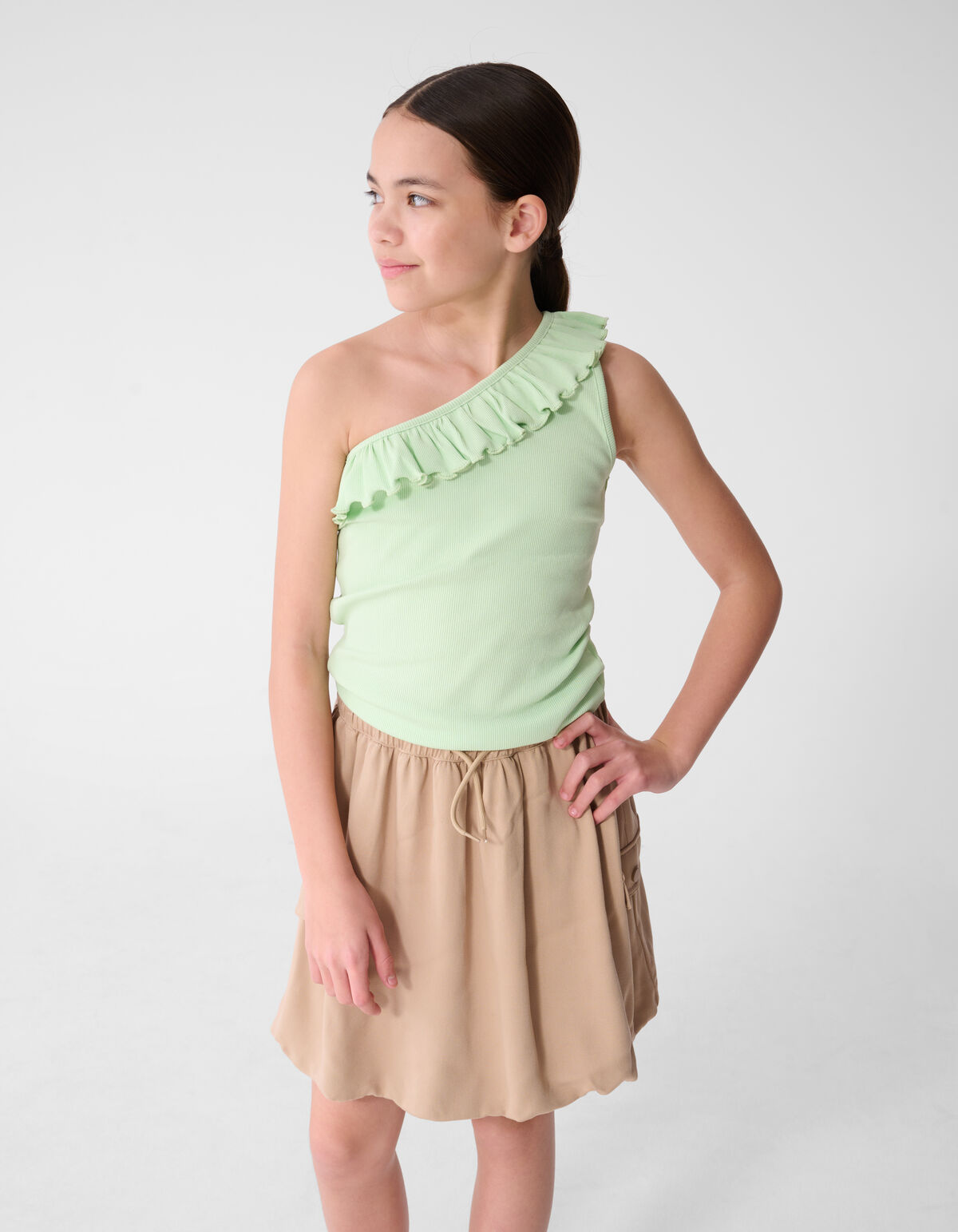 One-Shoulder-R&uuml;schen-Top Hellgr&uuml;n SHOEBY GIRLS