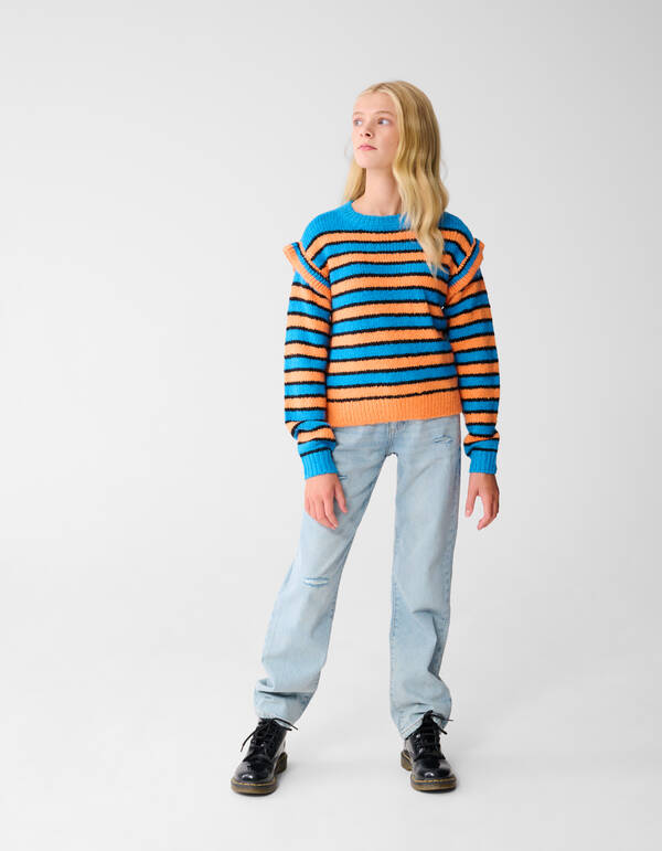 R&uuml;schestreifen Pullover Blau/Orange SHOEBY GIRLS