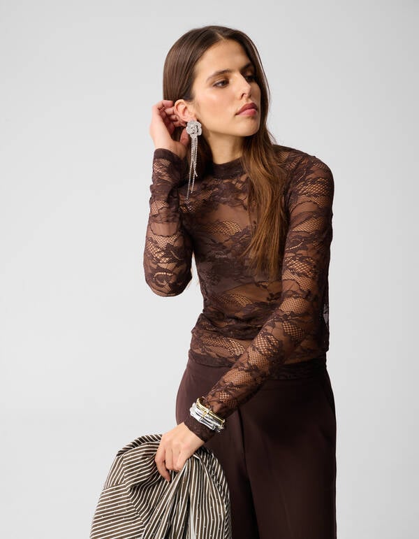 Braunes Spitzentop mit Blumenmuster SHOEBY WOMEN