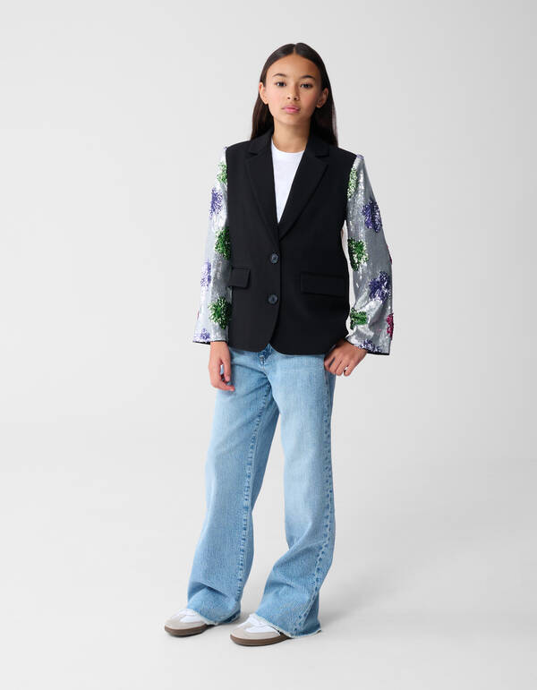 Schwarzer Blazer mit Blumen-Paillettenbesatz SHOEBY GIRLS