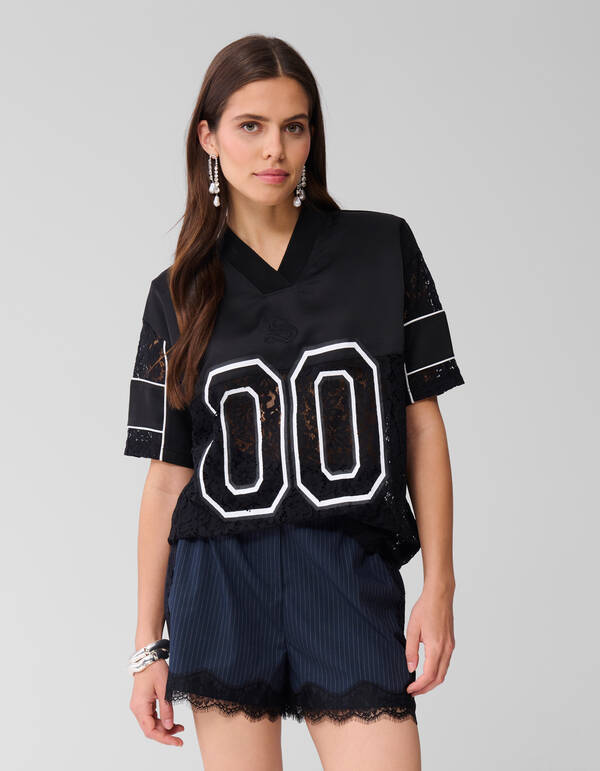 &Uuml;bergro&szlig;es Kanten Baseball-T-Shirt Zwart SHOEBY WOMEN
