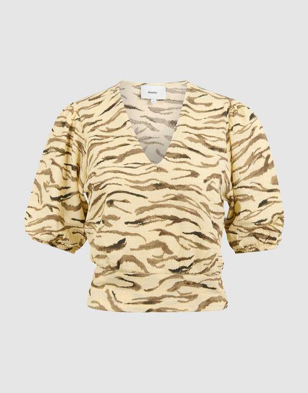 Crinkle Tiger V-Ausschnitt Top Hellgelb SHOEBY WOMEN