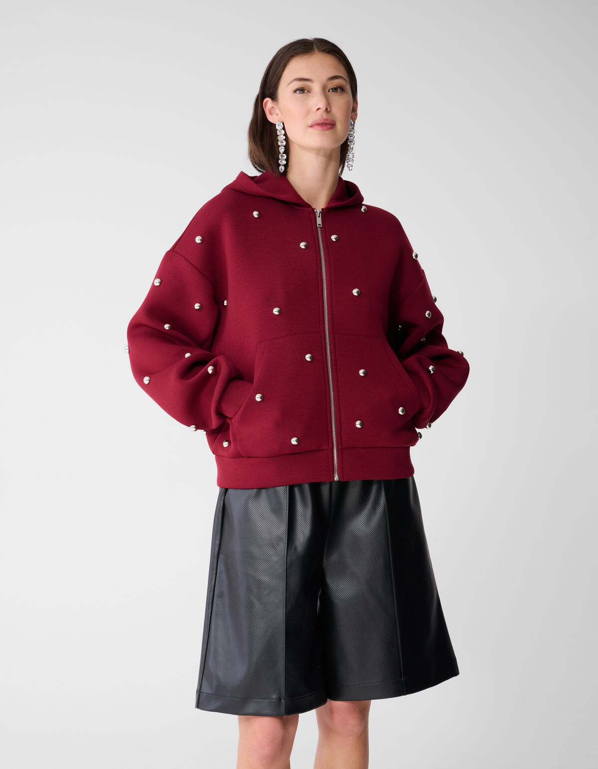 Oversize-Kapuzenweste mit Nieten, dunkelrot SHOEBY WOMEN