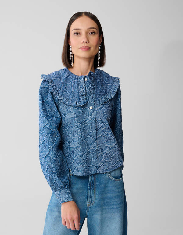Jeansbluse mit gro&szlig;em Kragen, Blau SHOEBY WOMEN
