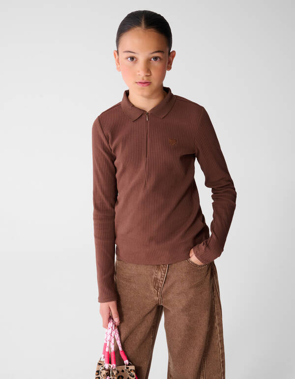 Collar Zip Longsleeve Top Donkerbruin SHOEBY GIRLS