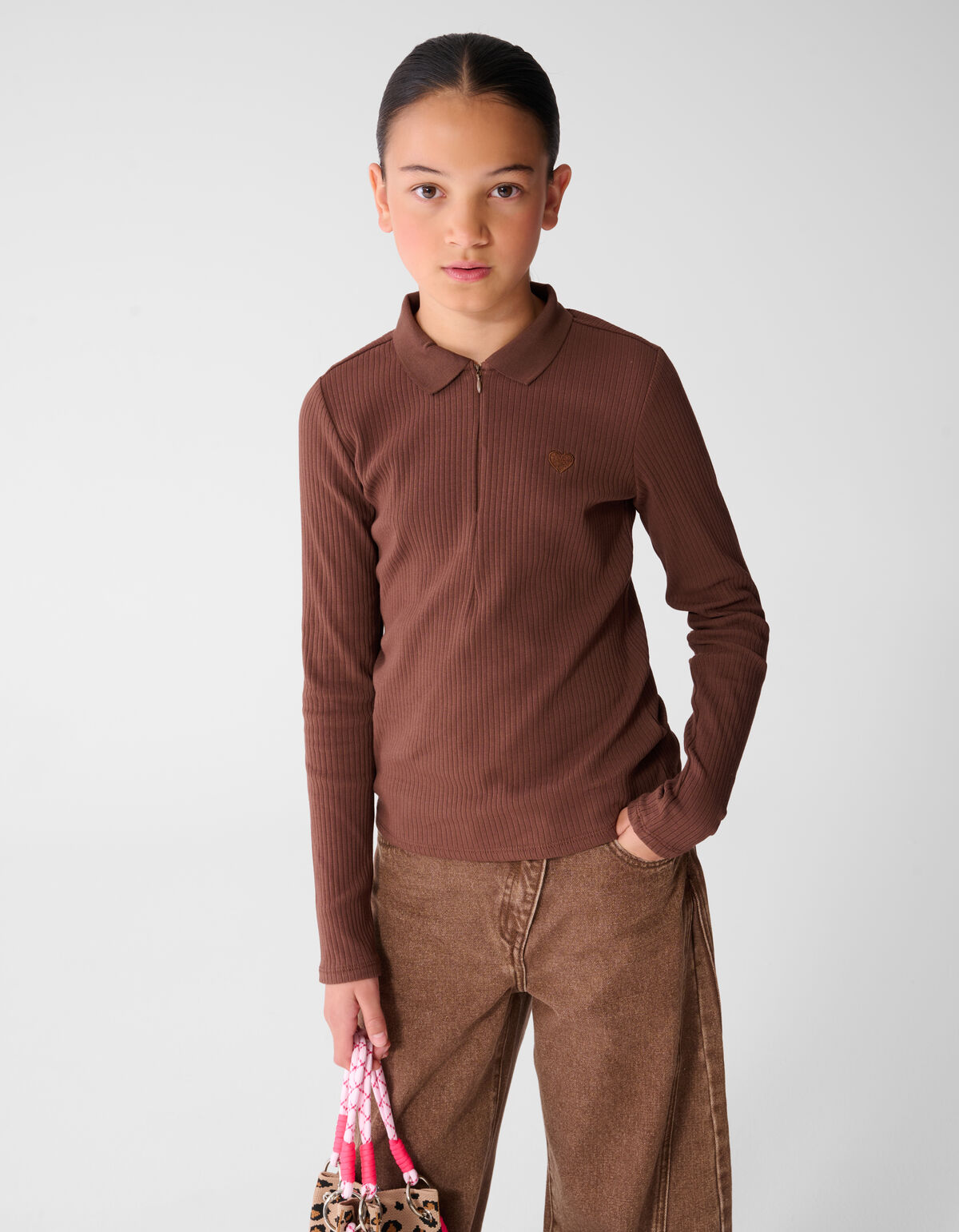 Collar Zip Longsleeve Top Donkerbruin SHOEBY GIRLS