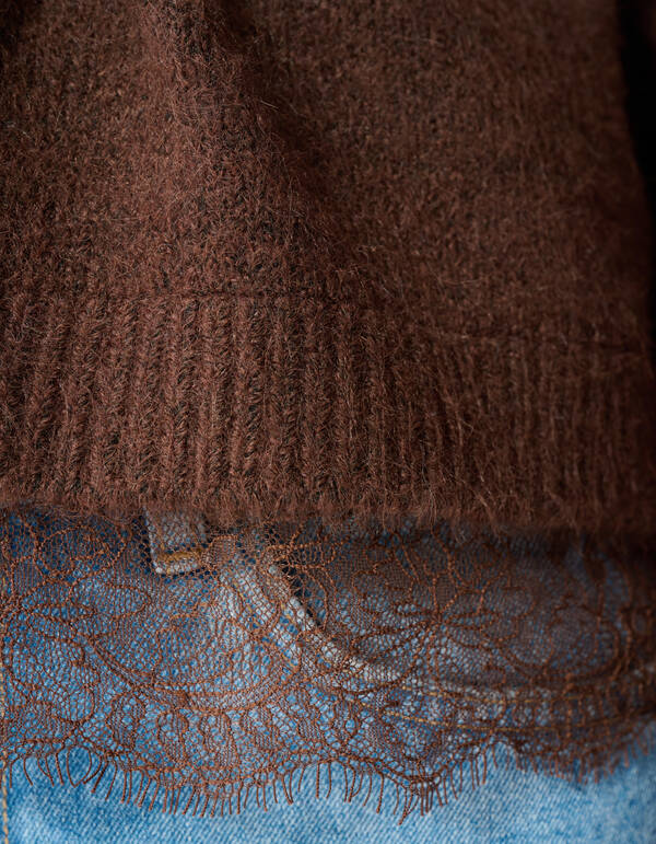Strickpullover mit Spitzenbesatz dunkelbraun SHOEBY WOMEN