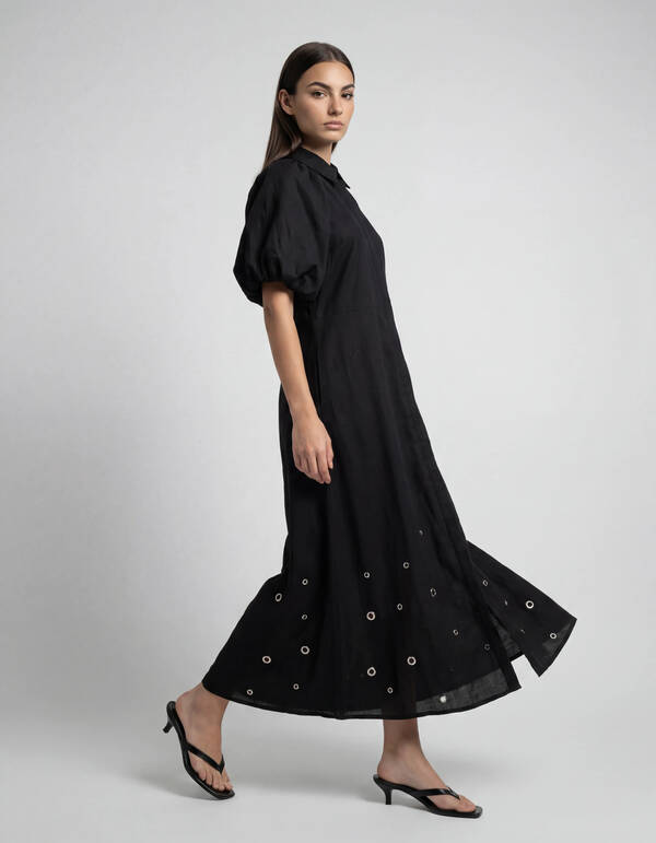 Maxikleid aus Leinen mit Lochstickerei Schwarz SHOEBY WOMEN