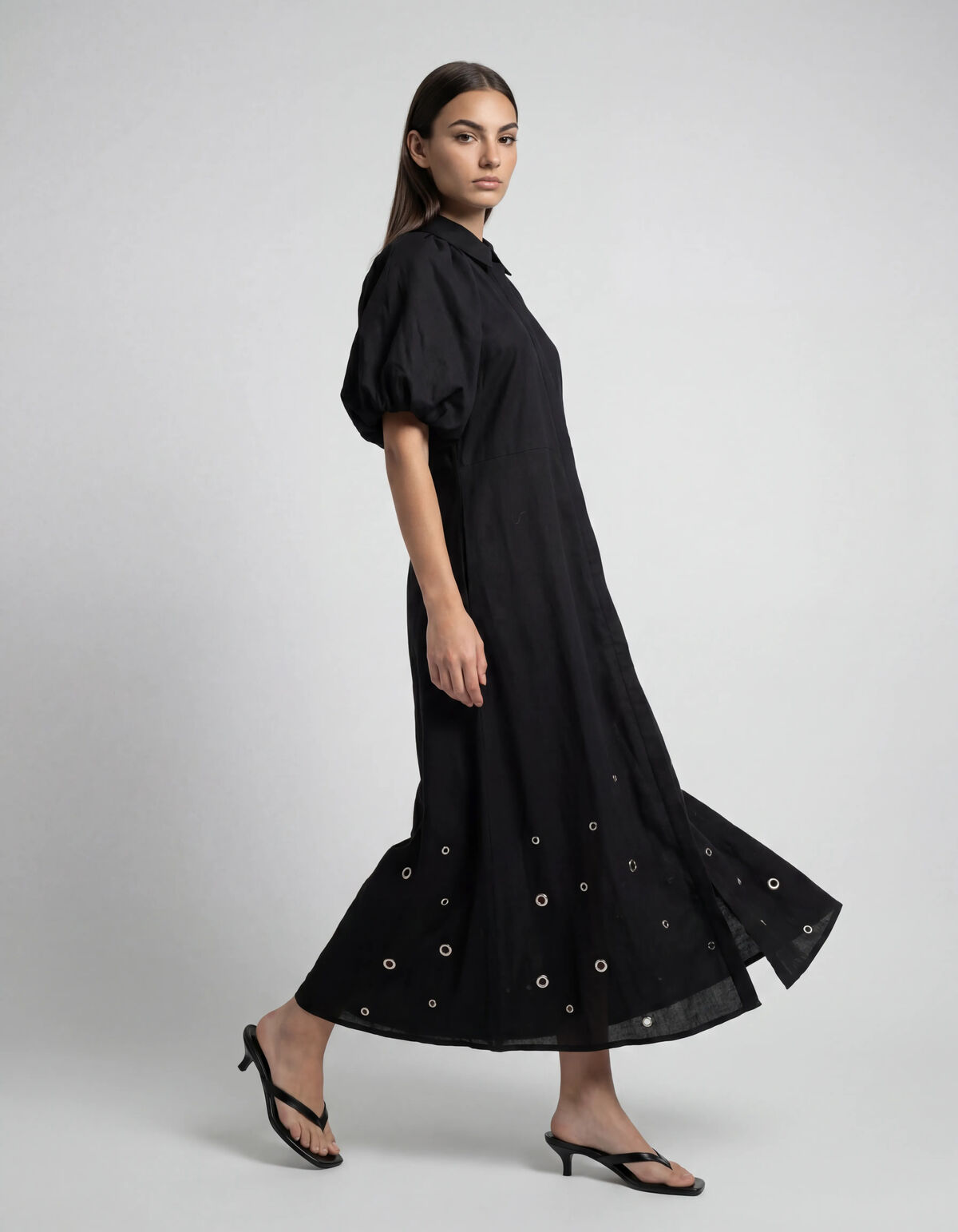 Maxikleid aus Leinen mit Lochstickerei Schwarz SHOEBY WOMEN