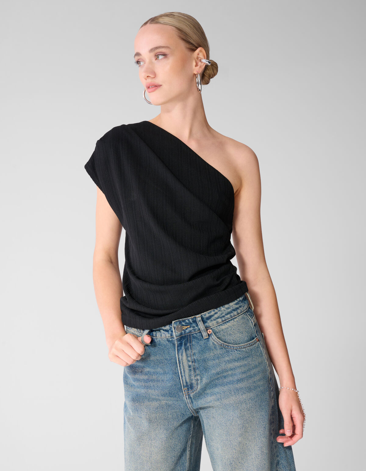 Plissiertes Ein-Schulter-Top Schwarz SHOEBY WOMEN