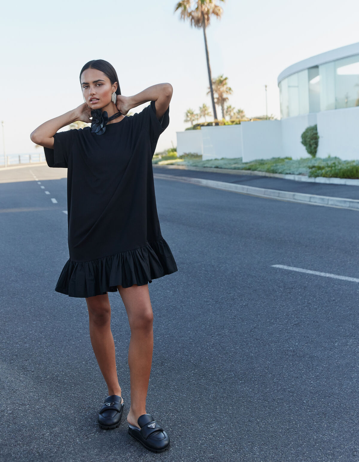 R&uuml;schen T-Shirt Mini Kleid Schwarz SHOEBY WOMEN